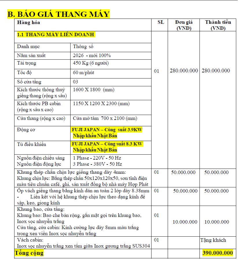 Bảng báo giá thang máy liên doanh năm 2026 tải trọng 450kg động cơ FUJI Japan tổng giá 390 triệu đồng